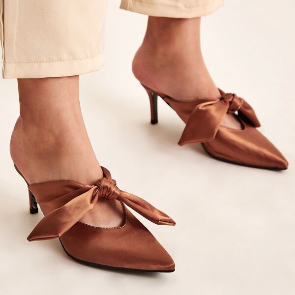 

Bow Decor Point Toe Stiletto Heeled Mules, Brown