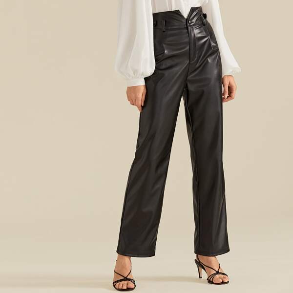 

Premium V-cut Waist Faux Leather Pants, Black
