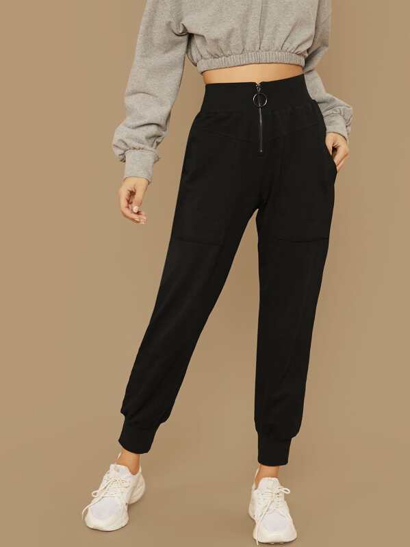 

O-ring Zip Fly Pocket Sweatpants, Black, Zorana
