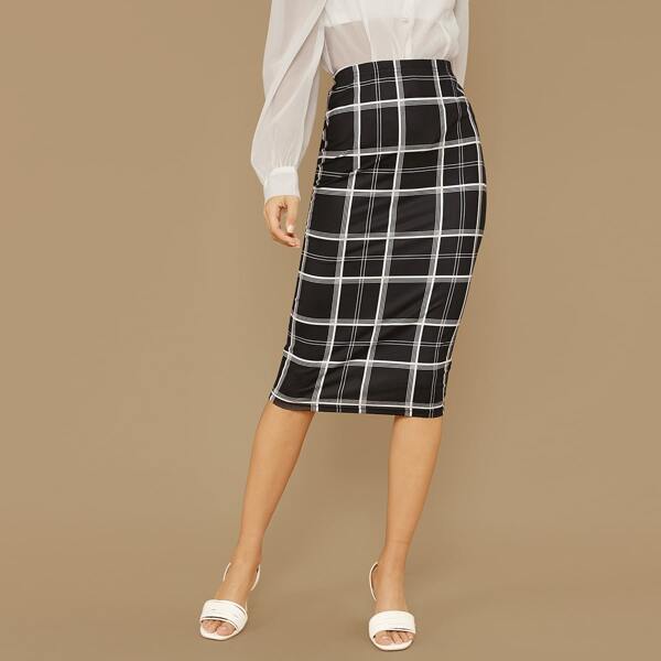 

Elastic Waist Plaid Pencil Skirt, Black and white