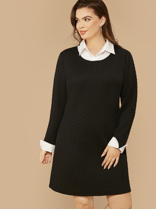 

Plus Contrast Collar Textured 2 In 1 Dress, Black, Faith Bowman