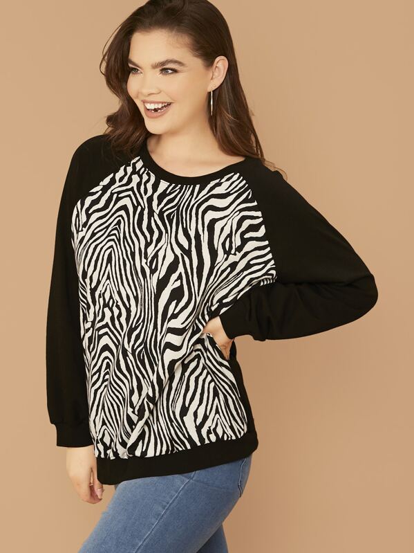 

Plus Raglan Sleeve Zebra Stripe Pullover, Black and white, Faith Bowman