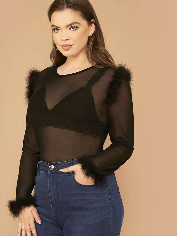 

Plus Faux Fur Detail Sheer Top Without Bra, Black, Faith Bowman