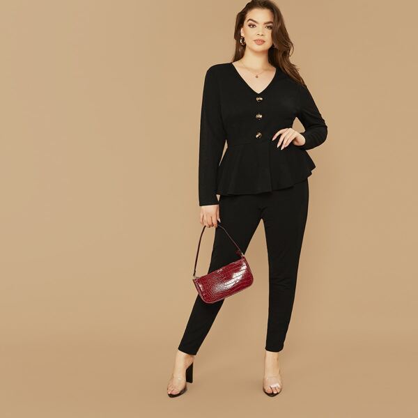 

Plus Button Front Peplum Top & Pants Set, Black