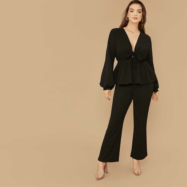 

Plus Plunging Tie Front Peplum Top & Flare Leg Pants Set, Black