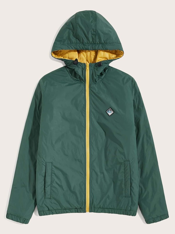 

Men Patch Detail Zip Up Hooded Windbreaker Jacket, Green