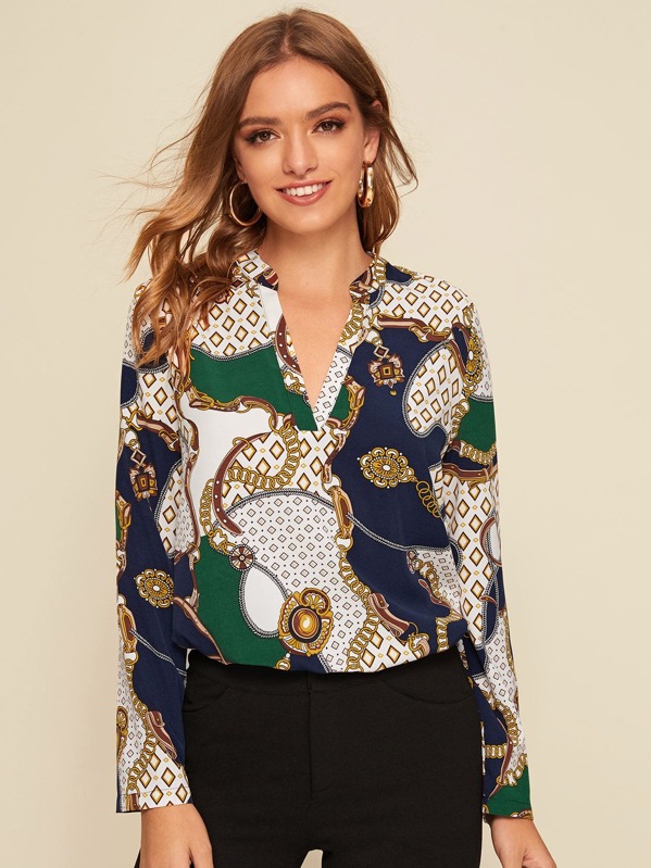 

Notch Neck Geo and Chain Print Top, Multicolor, Luiza
