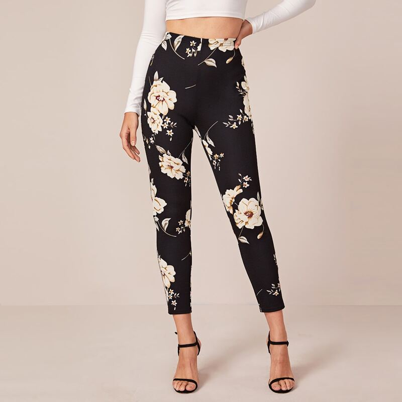 

Floral Print Leggings, Black