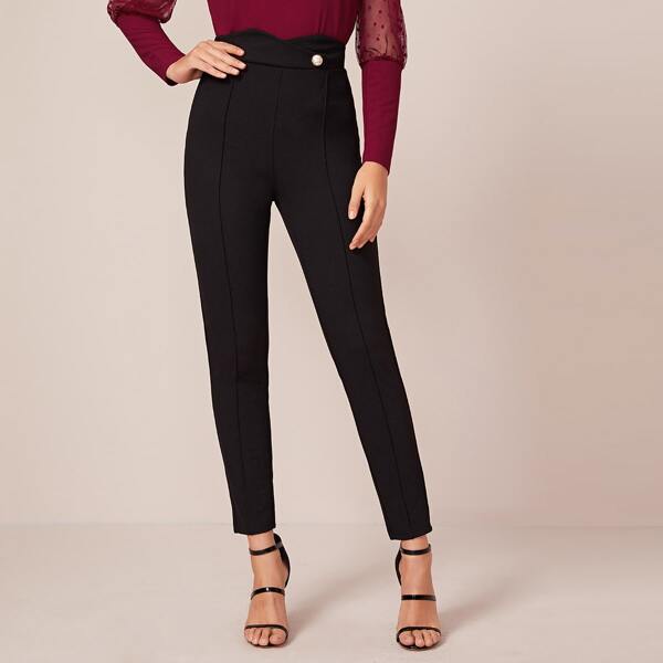 

Wrap Notch Waist Button Detail Cigarette Pants, Black