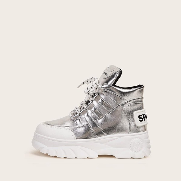 

Metallic Lace-up Front Letter Patch Decor Chunky Sneakers, Silver