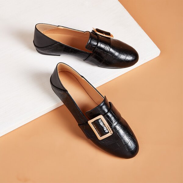 

Buckle Decor Croc Embossed Flat Loafers, Black