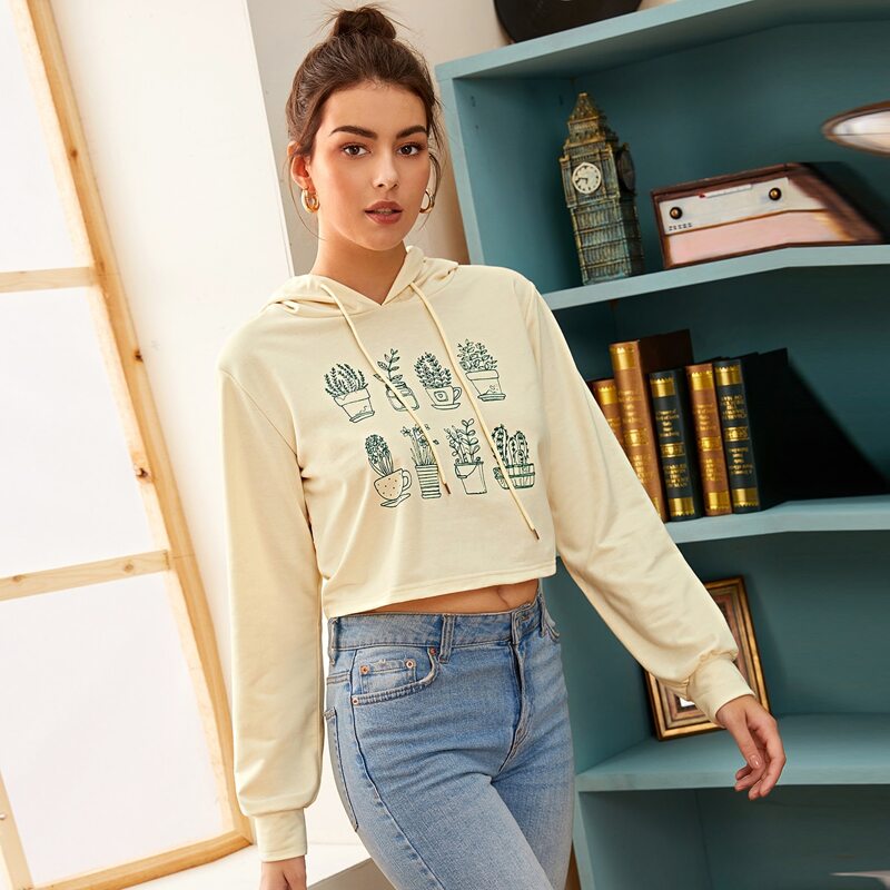 

Plants Print Drawstring Crop Hoodie, Beige