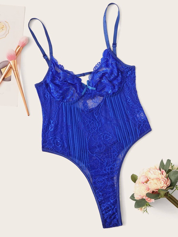 Plus Floral Lace Teddy Bodysuit, Blue