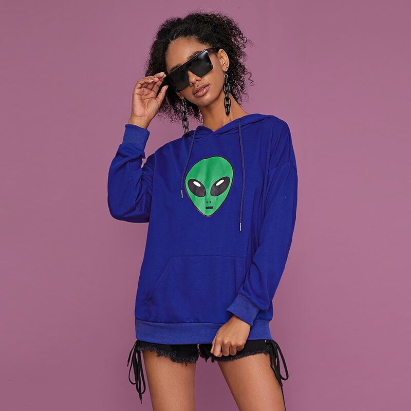 

Alien Print Kangaroo Pocket Drawstring Hoodie, Blue