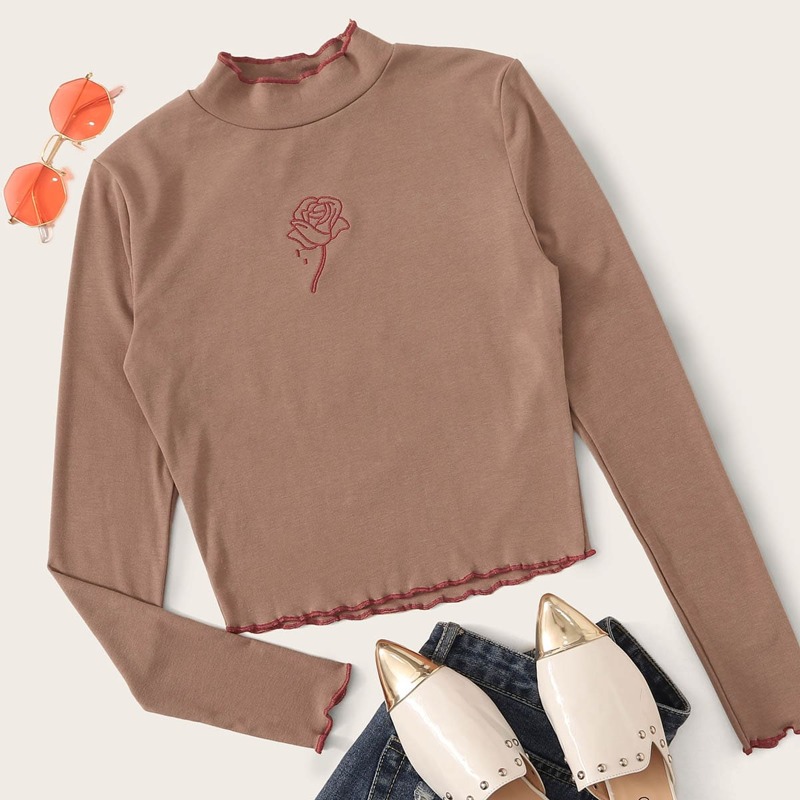 

Rose Embroidery Lettuce Trim Crop Top, Brown