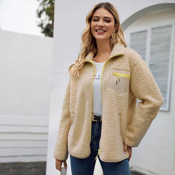 

Zip Up Pocket Patched Teddy Coat, Beige