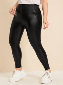 Plus Solid Drawstring Waist Skinny PU Pants - Black - View 5