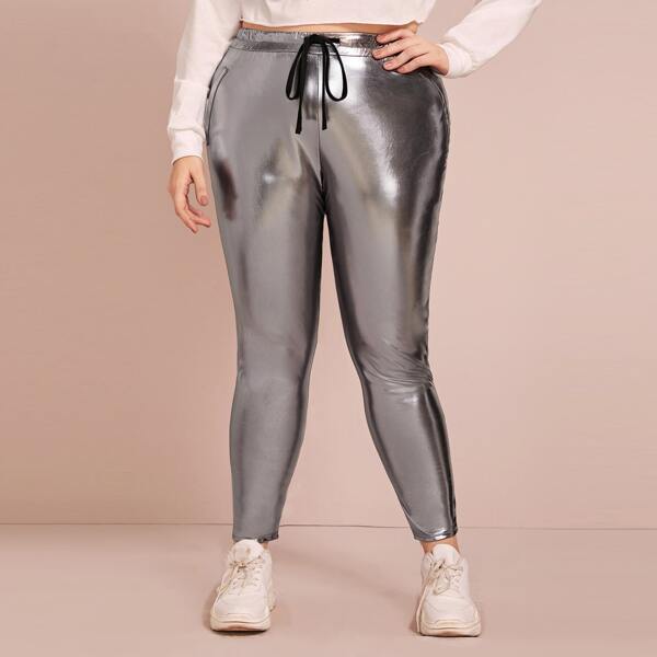 

Plus Drawstring Metallic PU Leather Skinny Pants, Grey