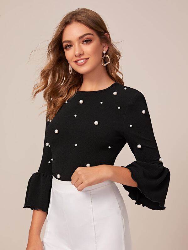 

Pearl Beaded Zip Back Bell Sleeve Fitted Tee, Black, Luiza
