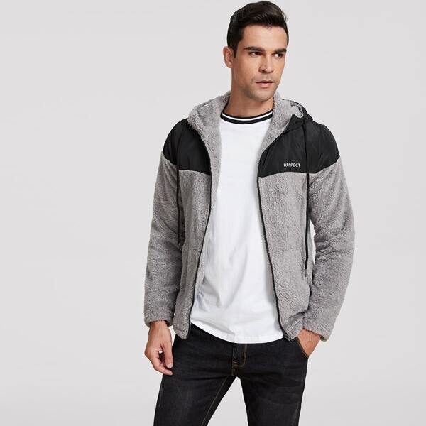 

Men Letter Graphic Two Tone Fleece Jacket, Grey