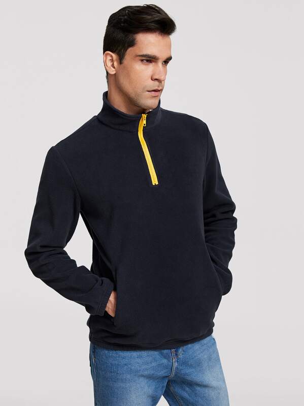 

Men Zip Half Placket Pocket Front Fleece Sweatshirt, Navy, JOAO