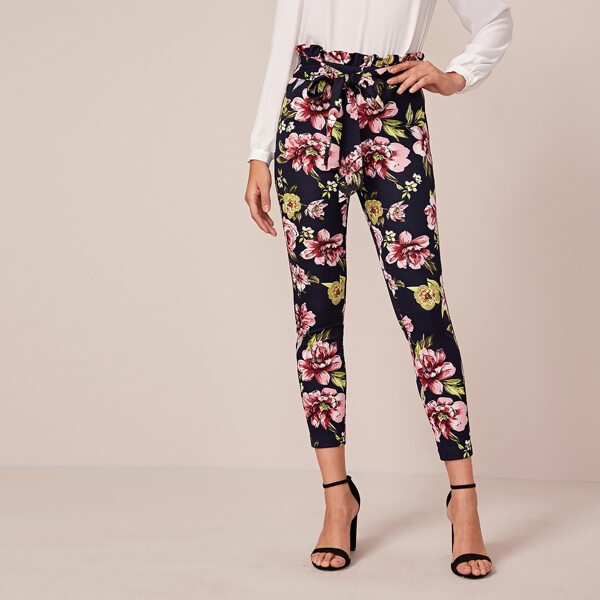 

Floral Print Paperbag Waist Tie Front Skinny Pants, Multicolor