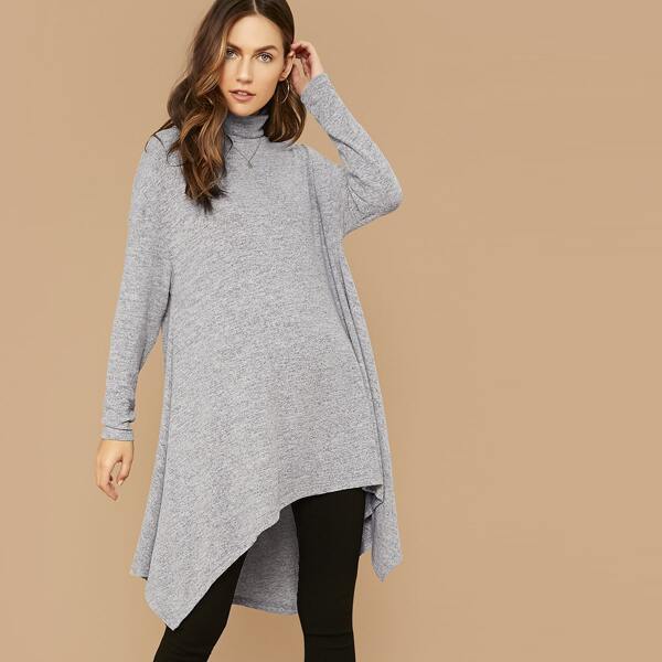

High Neck Asymmetrical Hem Marled Dress, Grey