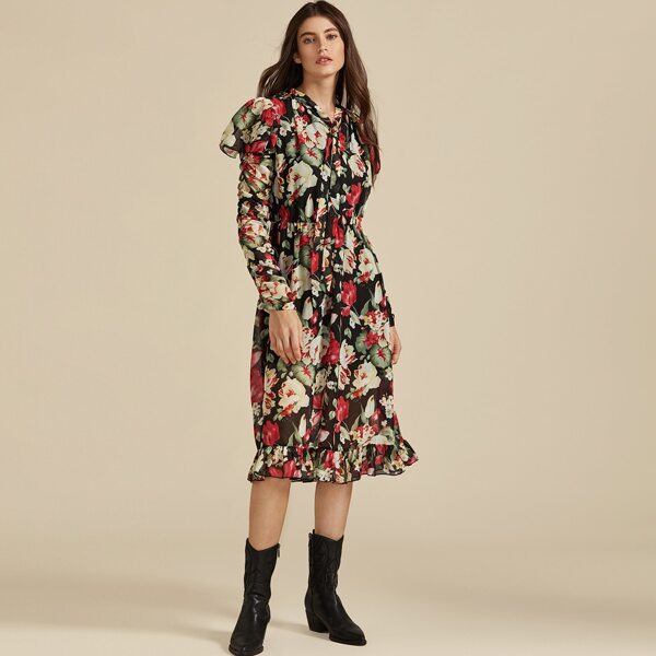 

Premium Tie Neck Ruched Sleeve Floral Print Ruffle Dress, Multicolor