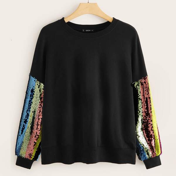 

Plus Contrast Sequin Sleeve Pullover, Black