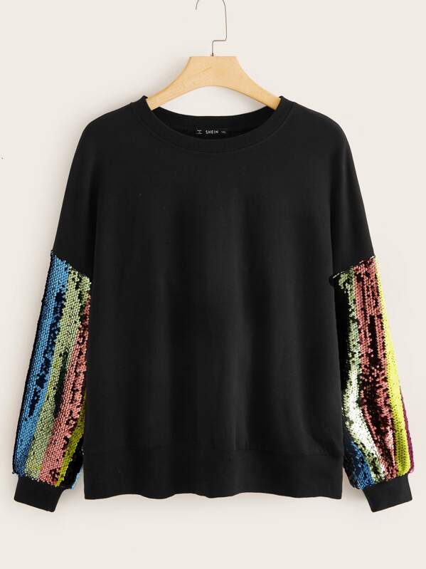 

Plus Contrast Sequin Sleeve Pullover, Black
