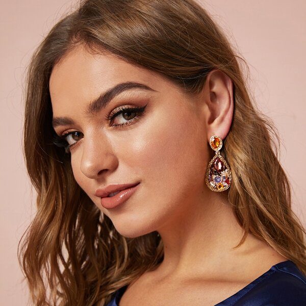 

1pair Gemstone Engraved Water Drop Earrings, Multicolor