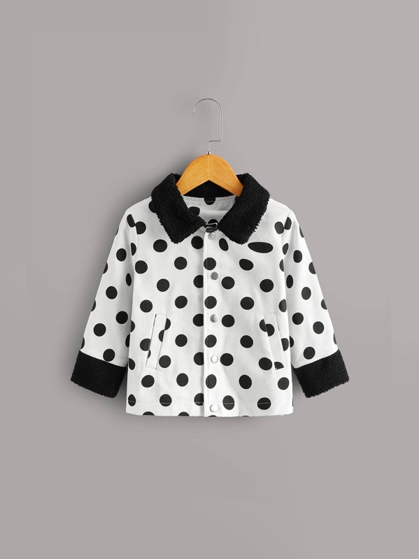 

Toddler Girls Contrast Shearling Polka Dot Jacket, Black and white