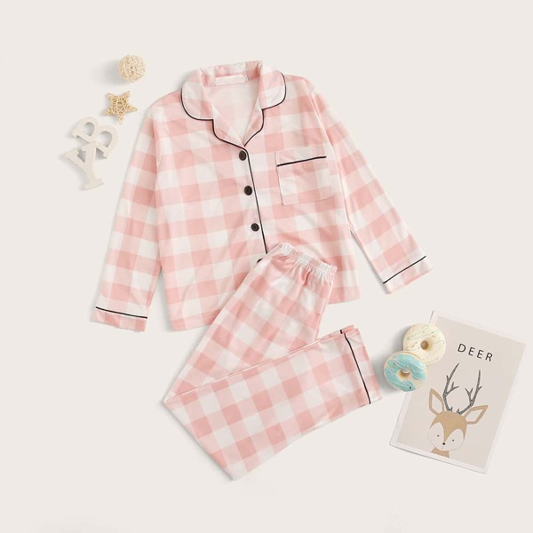 

Girls Gingham Button-up PJ Set, Baby pink