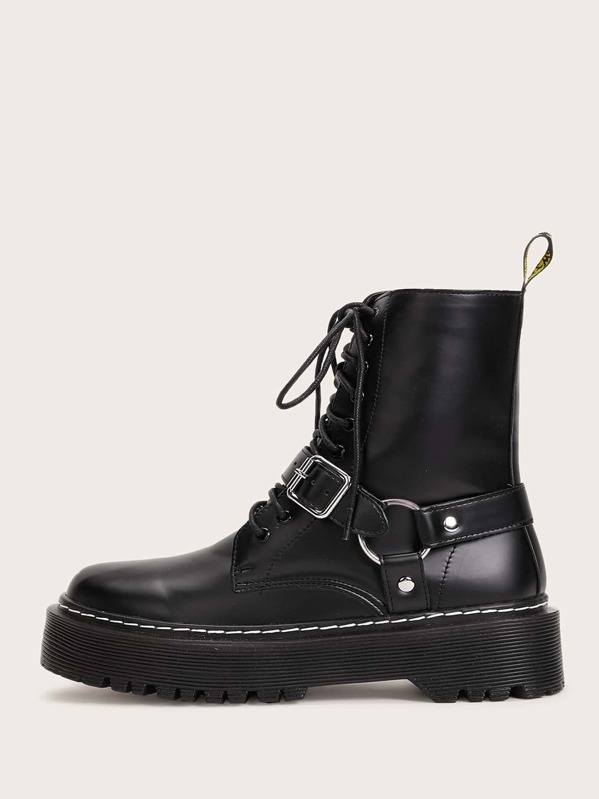 

Buckle Decor Lace-up Front Combat Boots, Black
