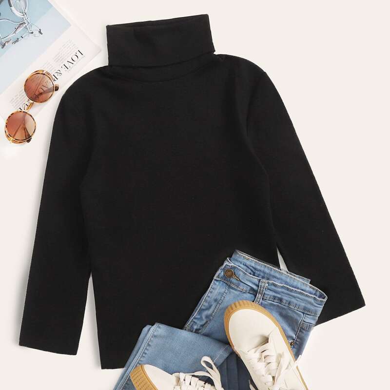 

High Neck Rib-knit Slim Tee, Black