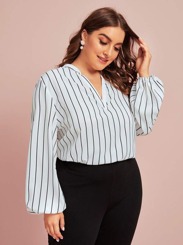 

Plus V-cut Neck Lantern Sleeve Striped Blouse, White, Franziska