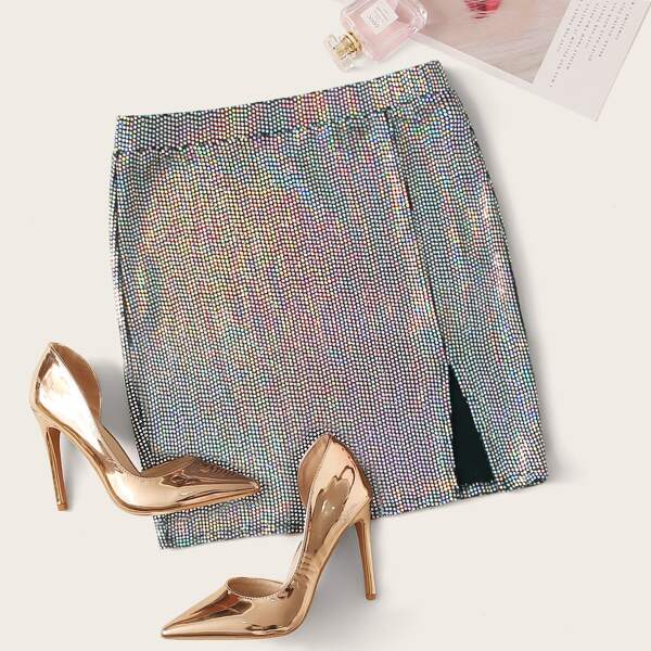 

Split Hem Sequin Skirt, Multicolor