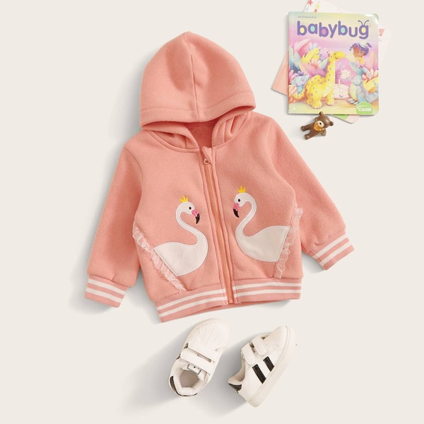 

Baby Girl Swan Embroidery Frill Trim Hooded Jacket, Coral pink