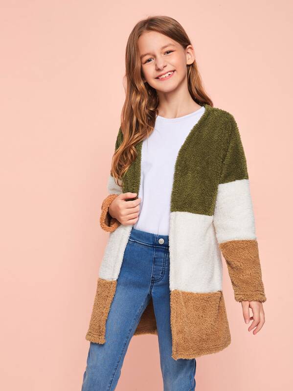 

Girls Colorblock Open Front Teddy Coat, Multicolor, Sashab