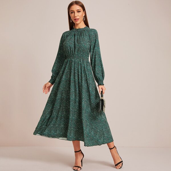 

Shirred Waist Allover Print A-line Dress, Green