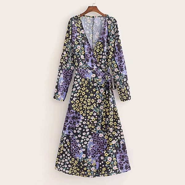 

Floral Print Tie Side Wrap Dress, Multicolor