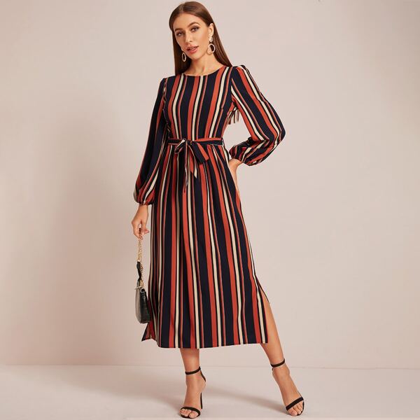 

Vertical Stripe Slit Hem Belted Dress, Multicolor
