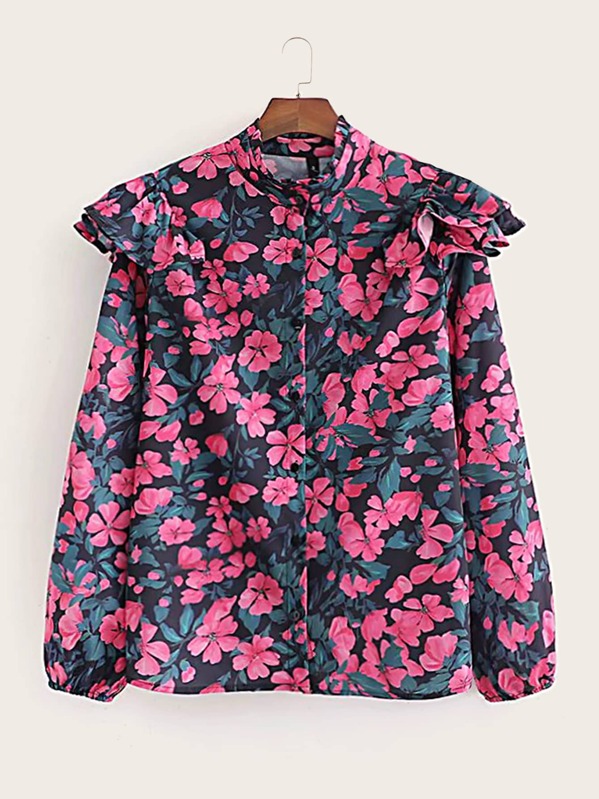 

Button Front Floral Print Ruffle Trim Blouse, Multicolor