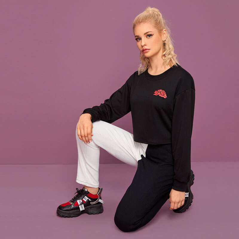 

Floral Print Long Sleeve Tee, Black