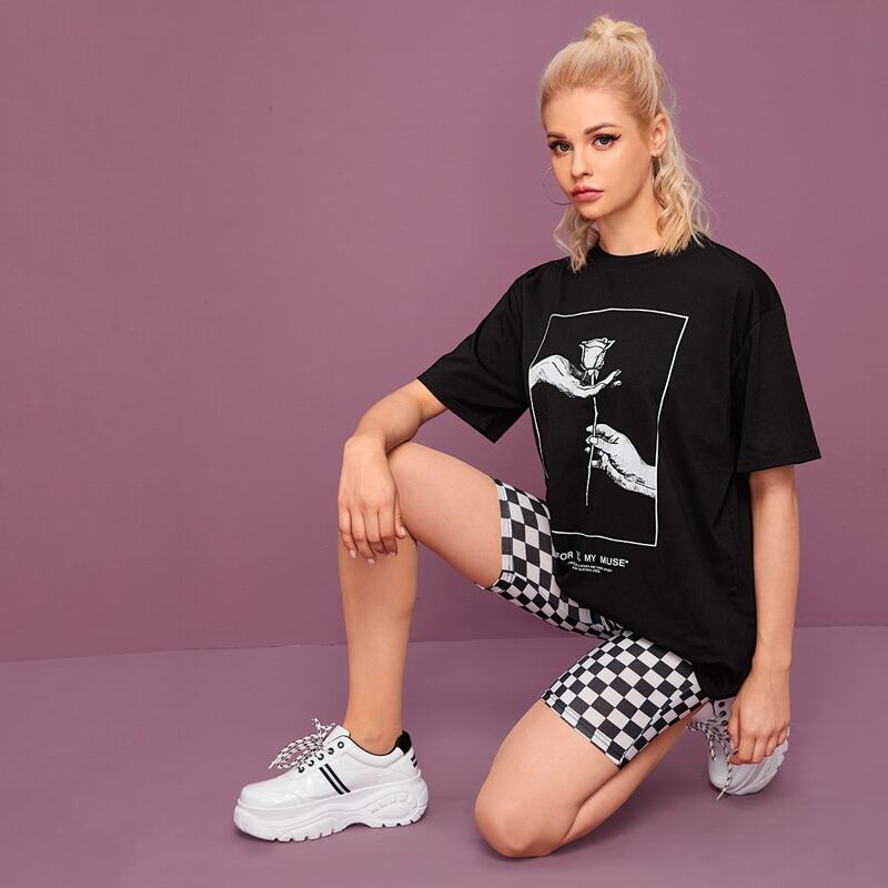 

Rose & Slogan Graphic Short Sleeve Tee, Black