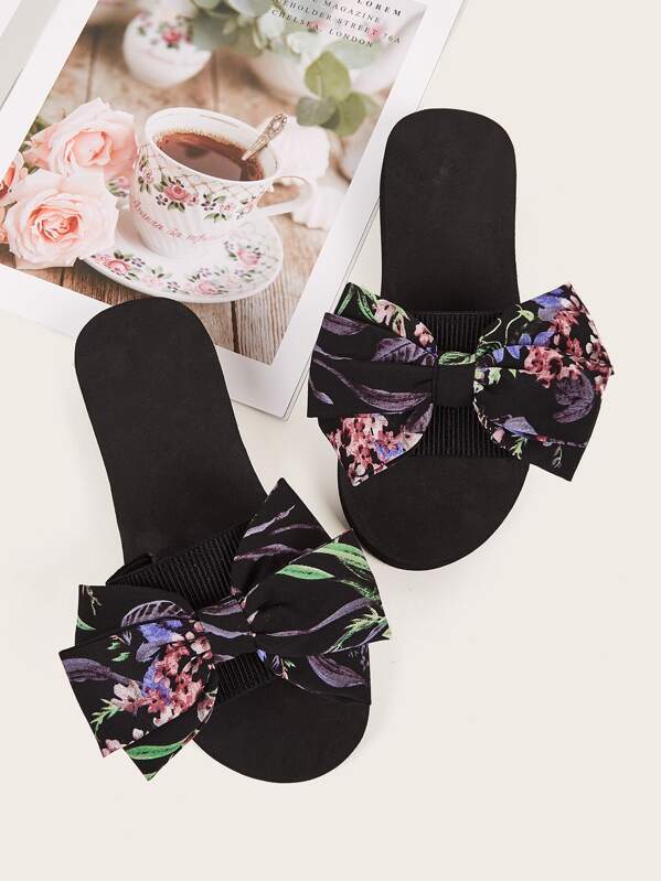 

Floral & Bow Decor Open Toe Slippers, Multicolor