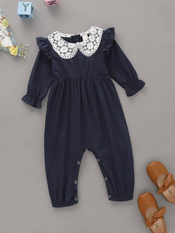 

Baby Girl Contrast Collar Ruffle Trim Jumpsuit, Navy