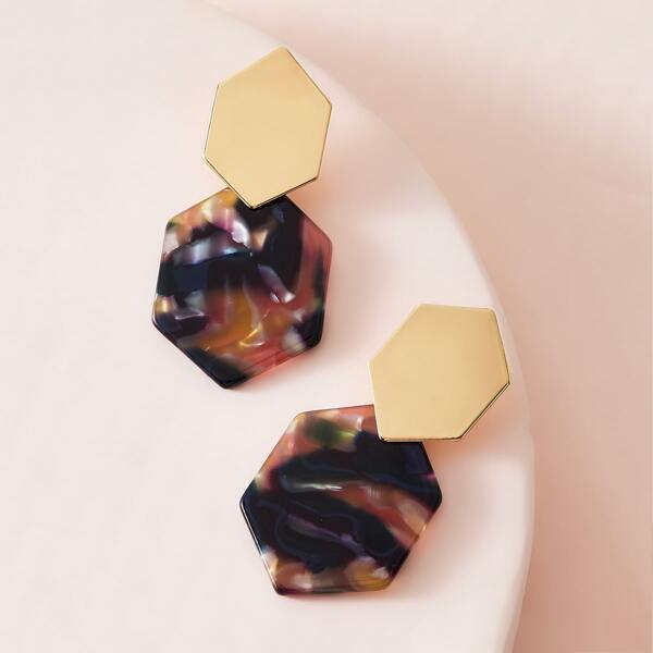 

1pair Double Hexagon Patched Stud Earrings, Multicolor