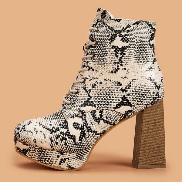 

Snakeskin Print Lace-up Chunky Boots, Multicolor