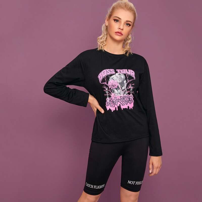 

Halloween & Letter Graphic Long Sleeve Tee, Black